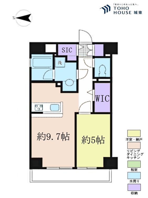 間取り １ＬＤＫ、専有面積４２．３４平米、バルコニー面積６．５平米