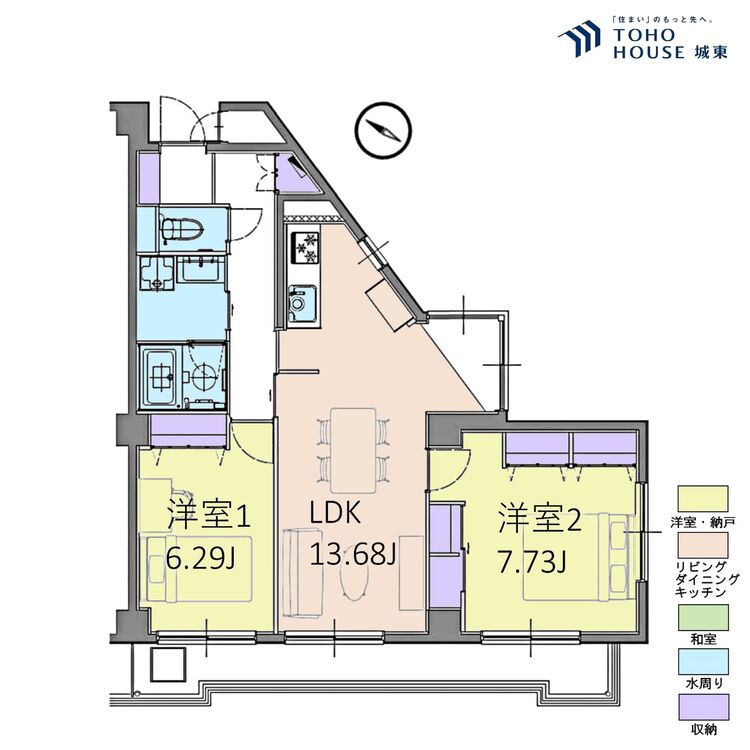 間取り ２ＬＤＫ、専有面積６６．１８平米、バルコニー面積９．３４平米