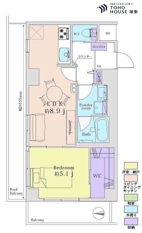 間取り １ＬＤＫ、専有面積３９．８２平米、バルコニー面積１２．５２平米