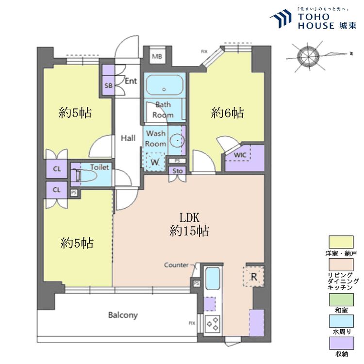 間取り ３ＬＤＫ、専有面積６５．３４平米、バルコニー面積９．０１平米