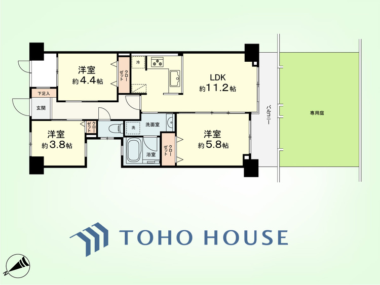 間取り 3LDK　専有面積57.48平米、バルコニー面積6.73平米、専用庭面積22.6平米