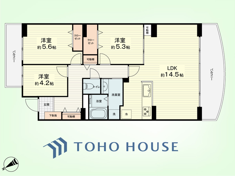 間取り 3LDK　専有面積75.58平米、バルコニー面積15.37平米