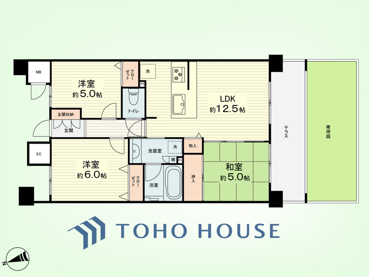 間取り 3LDK　専有面積63.82平米、テラス面積12.3平米、専用庭面積20.29平米