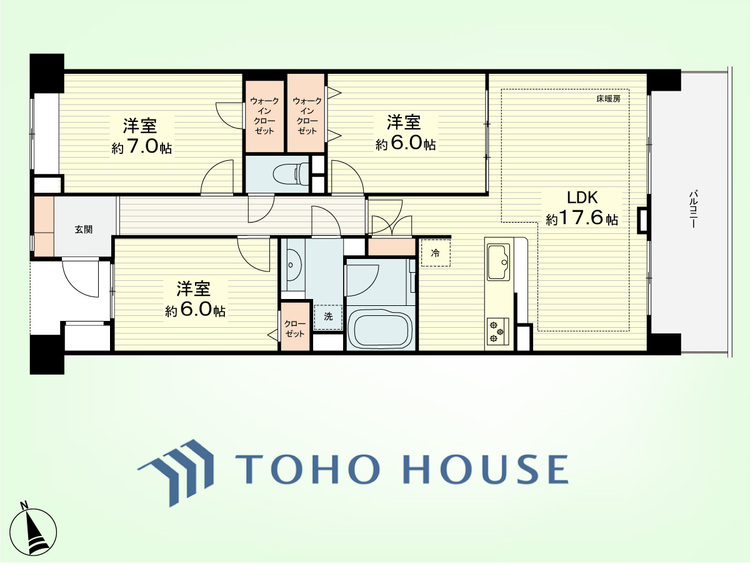 間取り 3LDK　専有面積82.64平米、バルコニー面積11.16平米