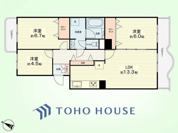間取り 3LDK　専有面積72.85平米、バルコニー面積9.98平米