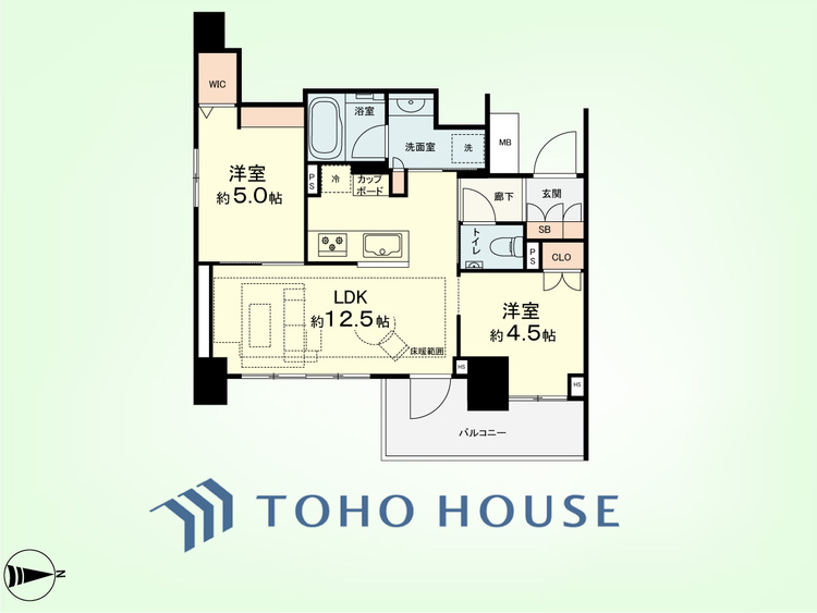間取り 2DK　専有面積48.94平米、バルコニー面積6.48平米