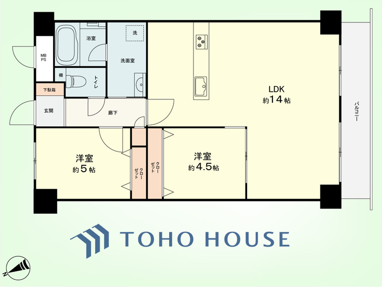 間取り 2LDK　専有面積60.80平米、バルコニー面積5.60平米