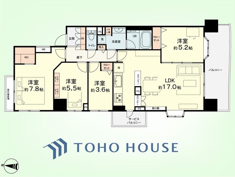 間取り 4LDK+LIN　専有面積84.09平米、バルコニー面積11.21平米