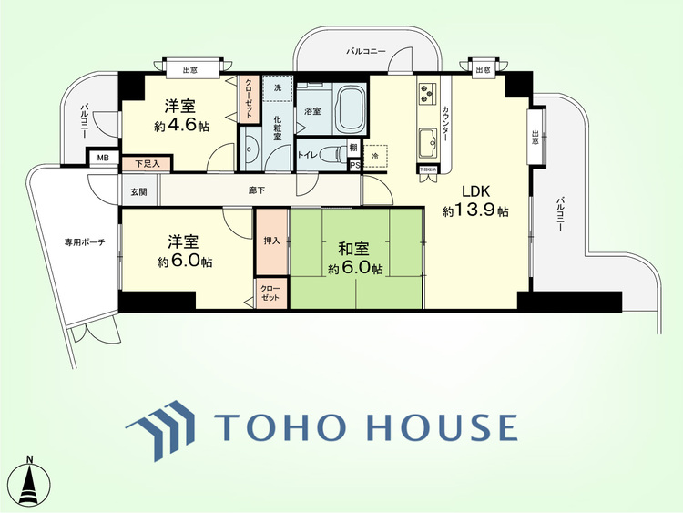 間取り 3LDK　専有面積68.20平米、バルコニー面積18.20平米