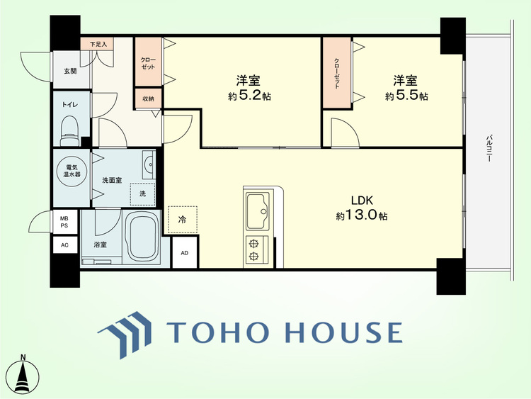 間取り 2LDK　専有面積59.16平米、バルコニー面積6.96平米