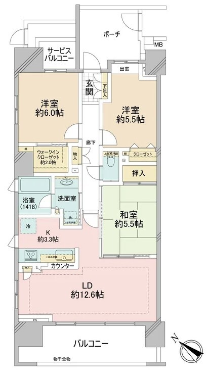 間取り 3LDK、専有面積75.41m2、バルコニー面積14.8m2