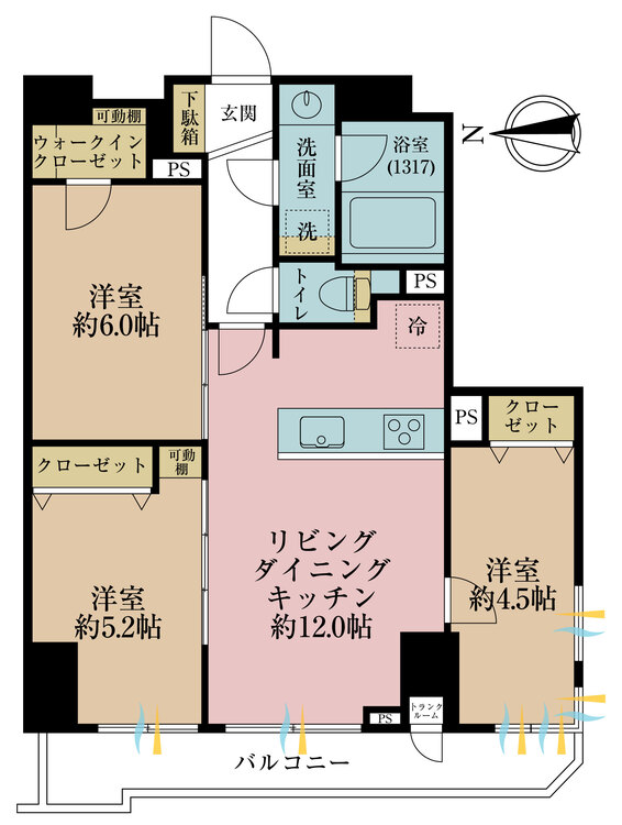 間取り 3LDK、専有面積63.29m2、バルコニー面積6.9m2