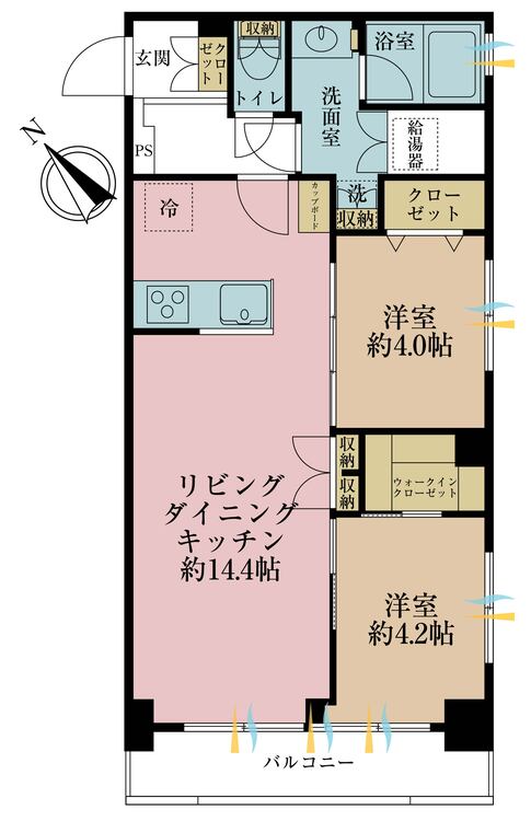 間取り 2LDK、専有面積56.4m2、バルコニー面積5.94m2
