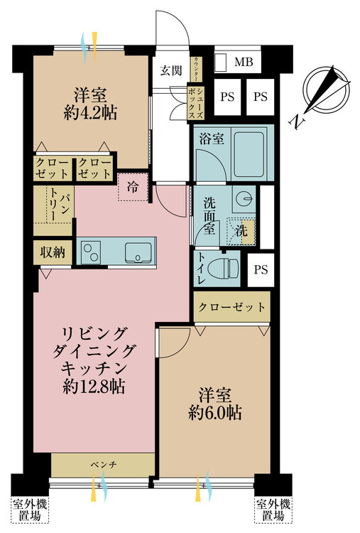 間取り 2LDK、専有面積56.43m2