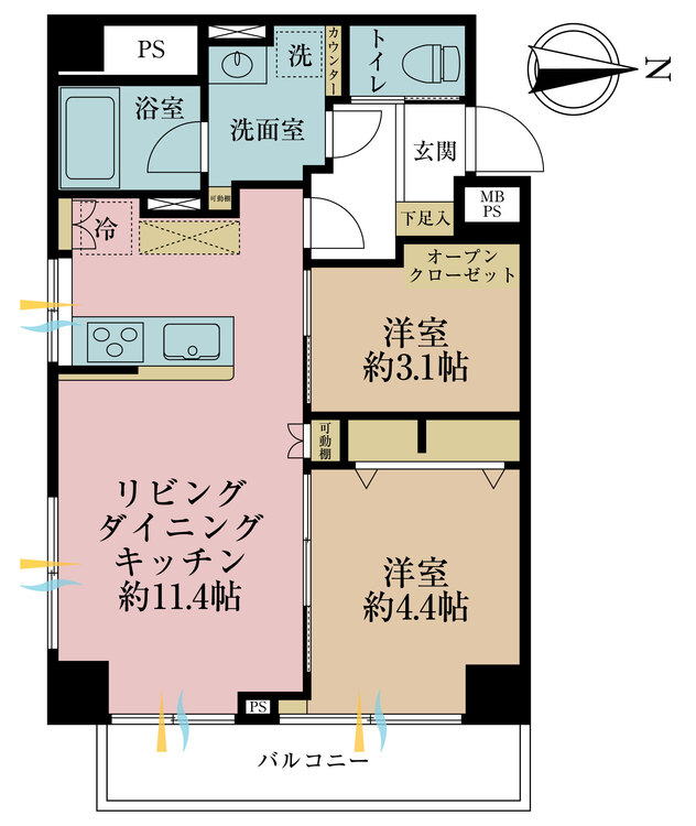 間取り 2LDK、専有面積47.8m2、バルコニー面積4.96m2