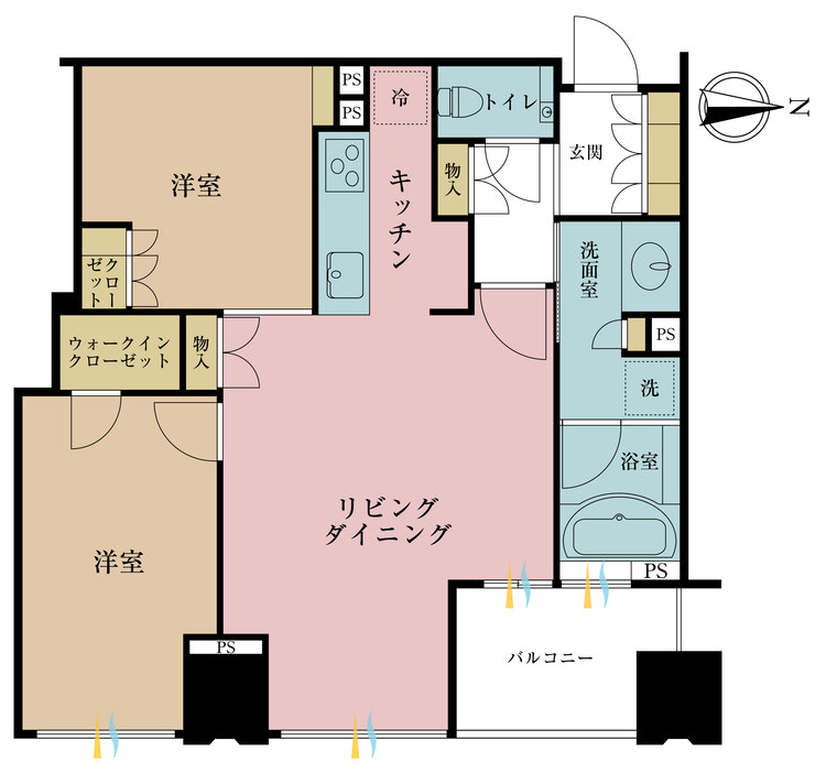 間取り 2LDK、専有面積71.17m2、バルコニー面積5.68m2