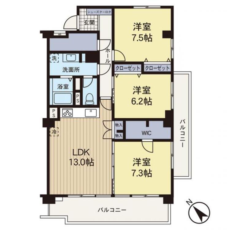 間取り 【間取り図】2面バルコニーで開放的なゆとりのある3LDKタイプのお部屋です♪