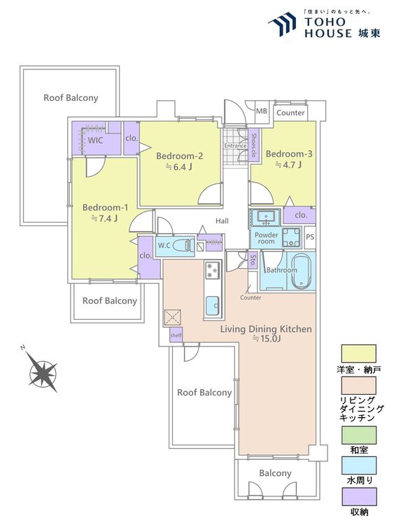間取り ３ＬＤＫ、専有面積８０．５５平米、バルコニー面積４．８平米