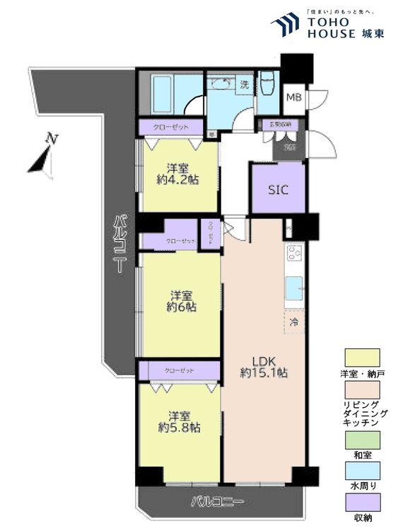 間取り ３ＬＤＫ、専有面積７７．２８平米、バルコニー面積２２．１７平米
