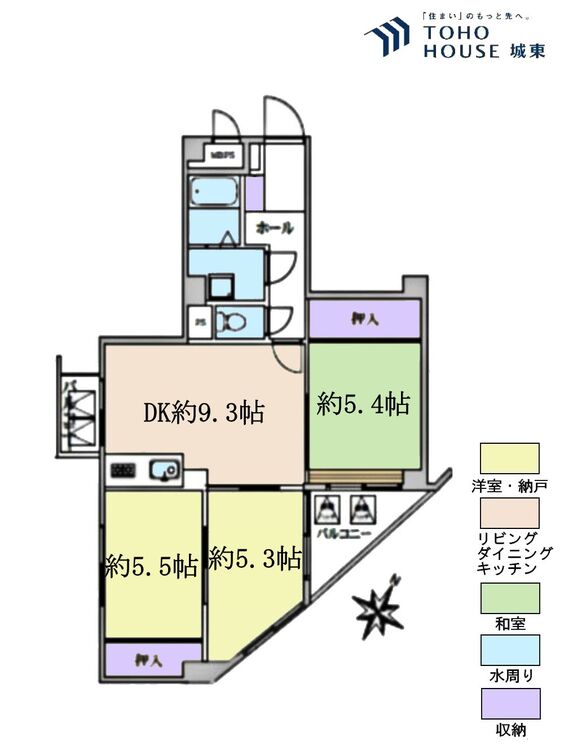 間取り ３ＤＫ、専有面積５６．８５平米、バルコニー面積５．４８平米
