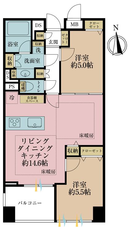 間取り 2LDK、専有面積56.47m2、バルコニー面積5.6m2