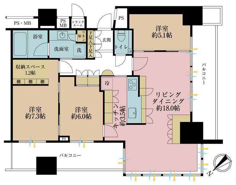 間取り 3LDK、専有面積87.51m2、バルコニー面積23.78m2