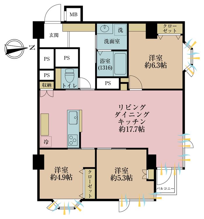 間取り 3LDK、専有面積78.1m2、バルコニー面積1.95m2