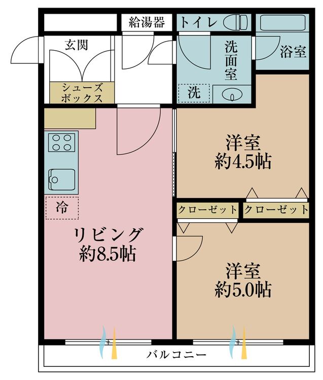 間取り 2LDK、専有面積40.68m2、バルコニー面積5.47m2