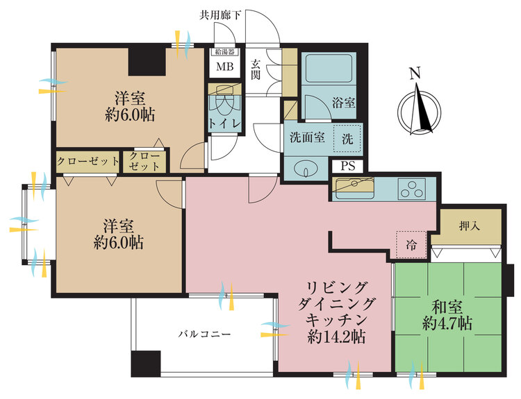 間取り 3LDK、専有面積67.98m2、バルコニー面積6.8m2