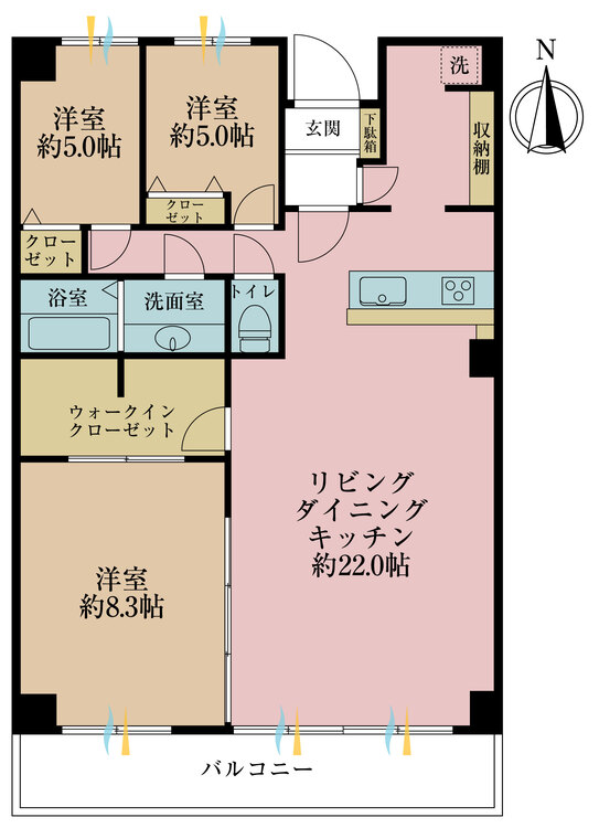 間取り 3LDK、専有面積97.83m2、バルコニー面積11.37m2