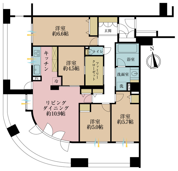 間取り 4LDK、専有面積91m2、バルコニー面積40.46m2