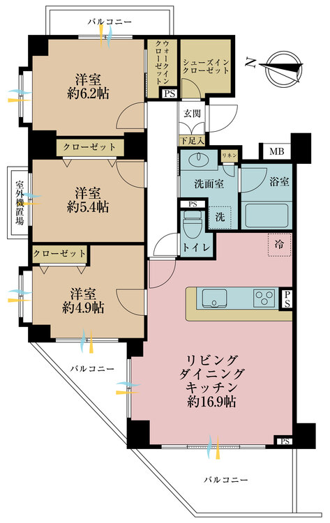 間取り 3LDK、専有面積77.32?、バルコニー面積15.58? 