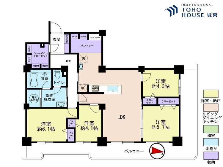 間取り ４ＬＤＫ、専有面積９１．４８平米、バルコニー面積２４．８４平米