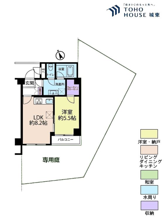 間取り １ＬＤＫ、専有面積３６．１平米、バルコニー面積２．６３平米