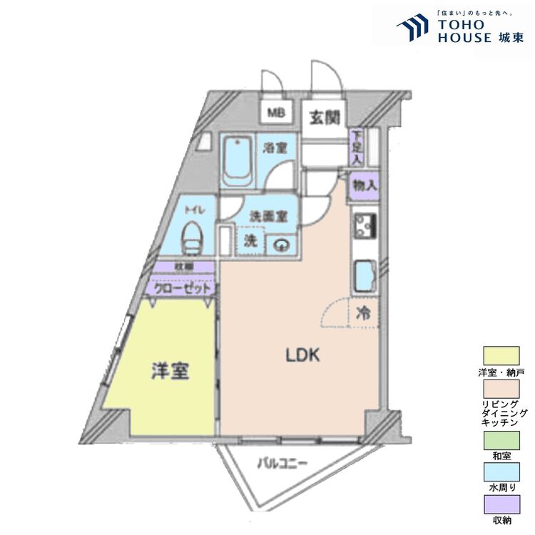 間取り １ＬＤＫ、専有面積３５．８５平米、バルコニー面積３．６平米