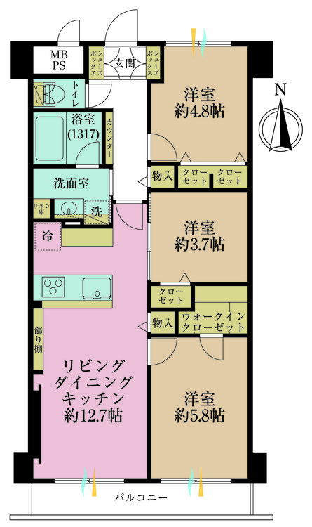 その他 3LDK、専有面積62.72m2、バルコニー面積5.32m2