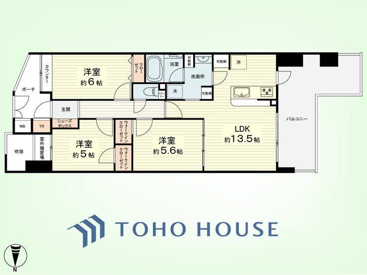 間取り 3LDK+TR　専有面積68.40平米、バルコニー面積13.78平米