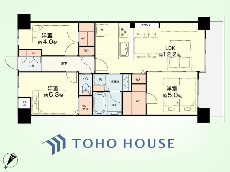 間取り 3LDK　専有面積61.53平米、バルコニー面積66.78平米