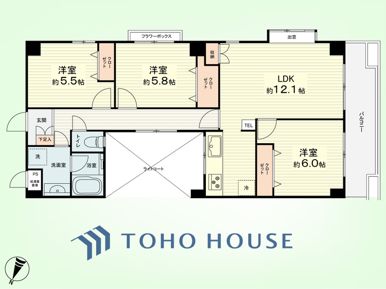 間取り 3LDK　専有面積73.64平米、バルコニー面積8.96平米