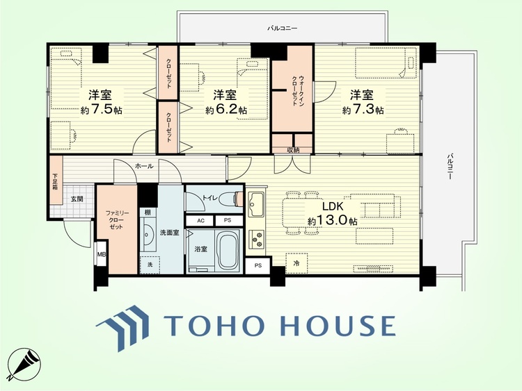 間取り 3LDK　専有面積85.36平米、バルコニー面積18.43平米
