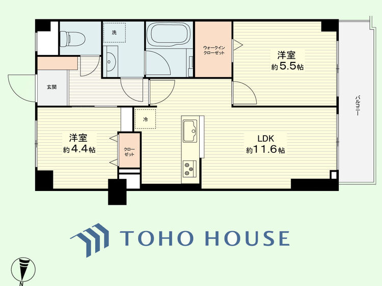 間取り 2LDK　専有面積51.30平米、バルコニー面積6.21平米