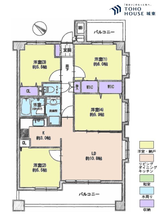 間取り ４ＬＤＫ、専有面積７７．３１平米、バルコニー面積１５．０１平米