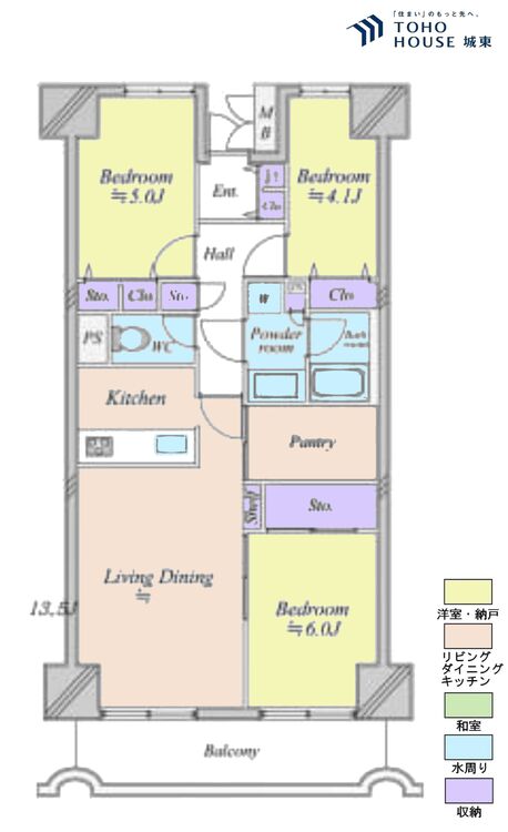 間取り ３ＳＬＤＫ、専有面積７０．８０平米、バルコニー面積９．４５平米