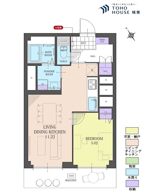 間取り １ＬＤＫ、専有面積４３．２平米、バルコニー面積６．４８平米