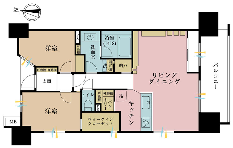 間取り ２ＬＤＫ、専有面積６４．４７平米、バルコニー面積１０．５７平米