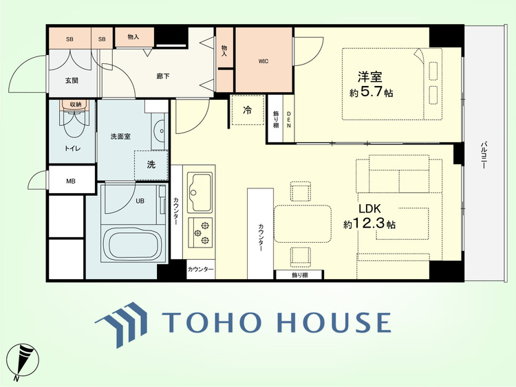 間取り 1LDK　専有面積46.98平米、バルコニー面積5.4平米