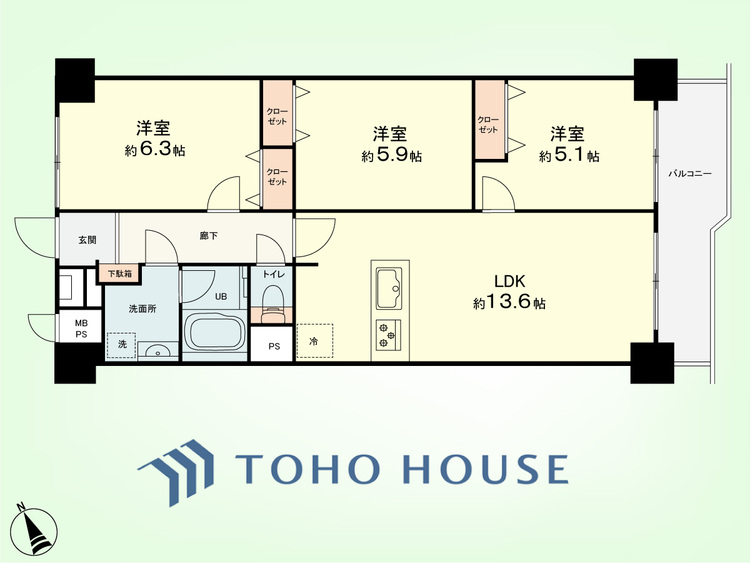 間取り 3LDK　専有面積66.08平米、バルコニー面積7.17平米