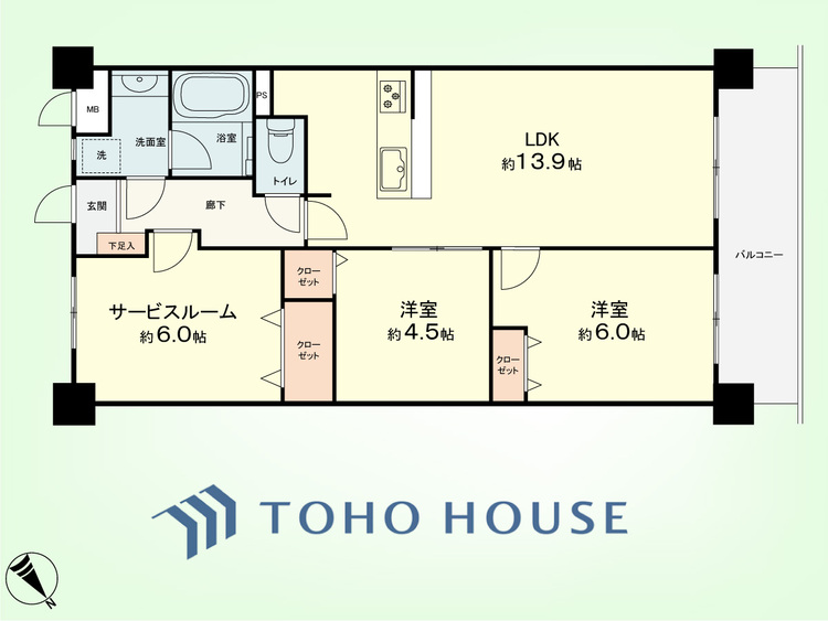 間取り 2SLDK　専有面積64.38平米、バルコニー面積8.00平米
