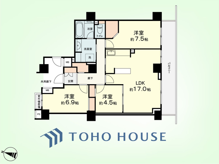 間取り 3LDK　専有面積82.5平米、バルコニー面積13平米