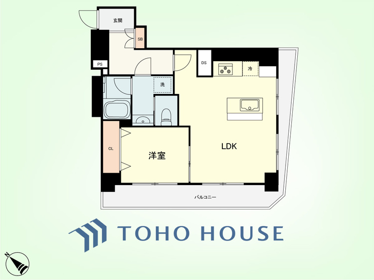 間取り 1LDK　専有面積41.53平米、バルコニー面積11.12平米